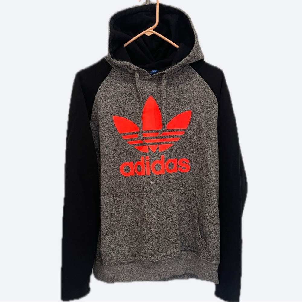 Adidas Originals Gray Raglan Hoodie Red Trefoil Black Sleeve Raw Edge Medium - Picture 2 of 11